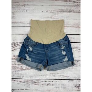 BLUE SAVVY Maternity Jean Shorts Women's Size Small Dark Blue Cuffed Tan Belly